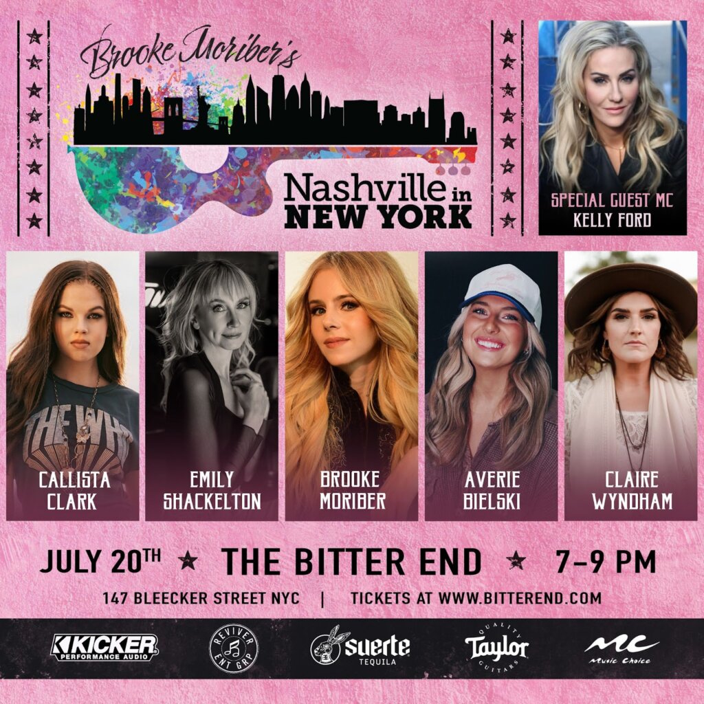 Official poster of the July 20th show of "Nashville in New York" which sees all five artists showcased in front of a pink background that lists all the details of the event.