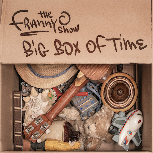 The official album artwork for their forthcoming sophomore LP "Big Box of Time" which looks like a box with a variety of things in, including a guitar and a hat.
