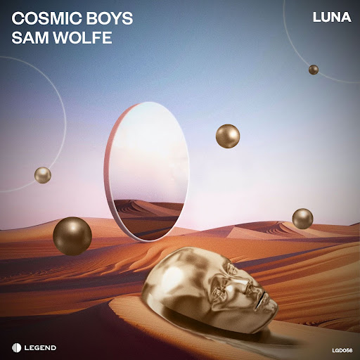 Official single cover artwork of "Luna" by Cosmic Boys and Sam WOLFE which shows a mirror in the desert with a gold skull lying on the sand in the foreground.