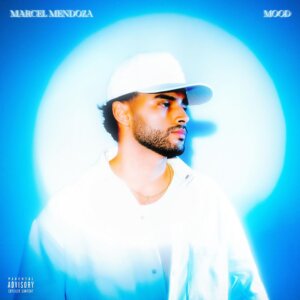 Official single cover artwork for "MOOD" which sees Marcel Mendoza in a white shirt and matching snapback cap with his head turned to the right and a spotlight straight on him. There's a blue background behind him.