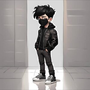 Cartoon of a guy, who is COVRT, wearing a black mask, a black leather jacket over a black hoodie, black jeans, and converse, standing in a hallway with his hands in his pockets.
