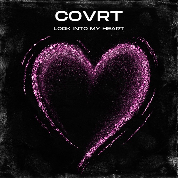 Official single cover artwork which shows an outline of a huge pink glittery heart on a black background.