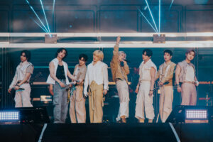 The eight-piece K-pop band, Stray Kids, posing together on the main stage at BST Hyde Park