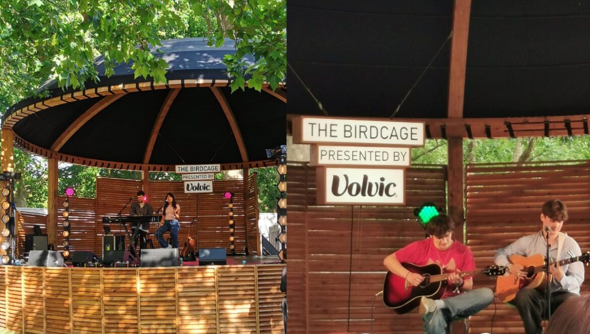 Collage of two photos, the image on the left shows Tyler Lewis performing on the Birdcage Stage with a wide shot to showcase the round wooden structure, while the right image shows Ben Ellis performing on the stage.