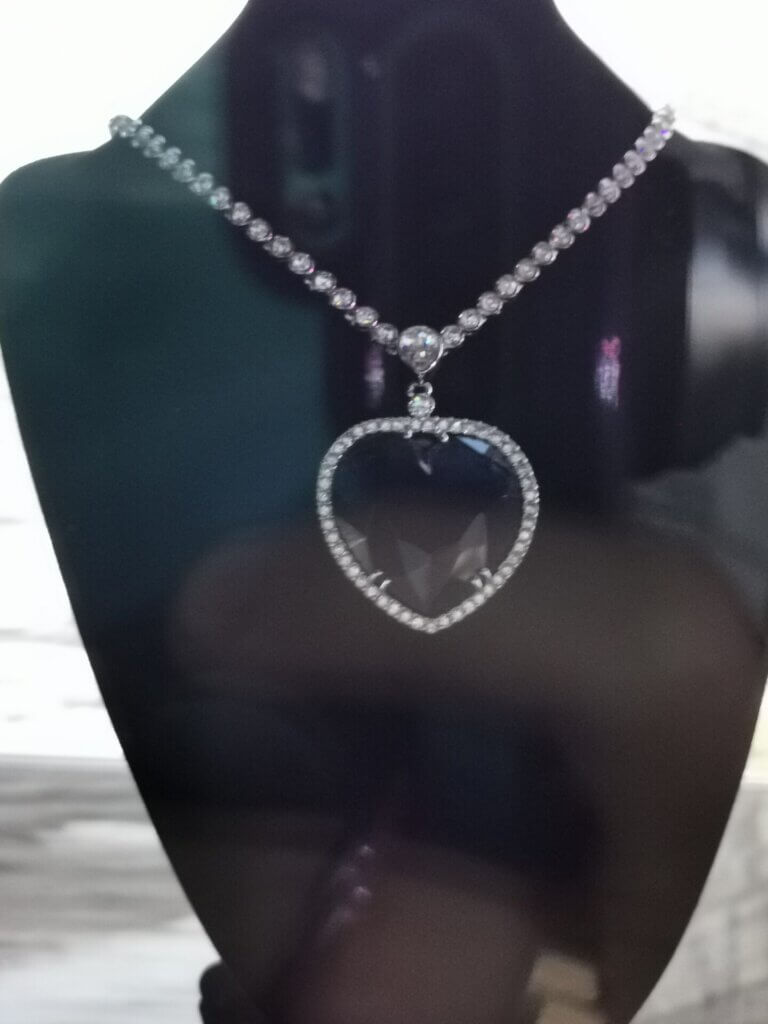 A replica of the iconic Heart of the Ocean necklace that was used in the James Cameron 1997 Titanic film.