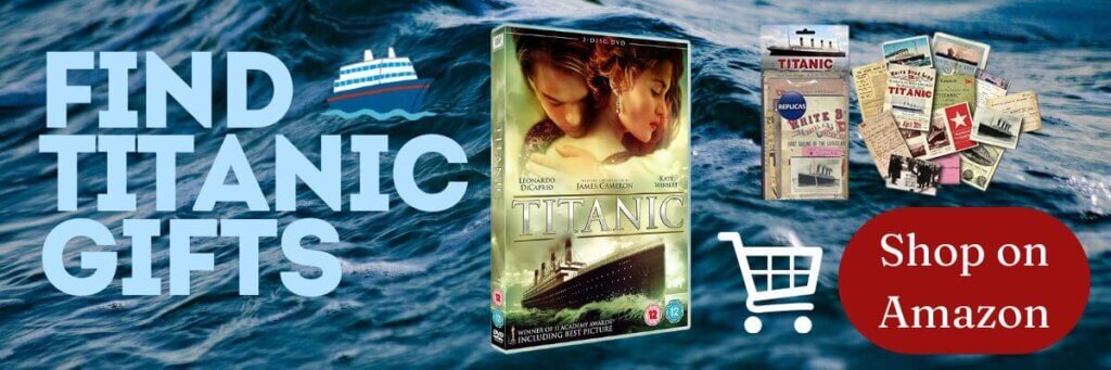 Banner promoting Amazon Titanic products on a background of water.