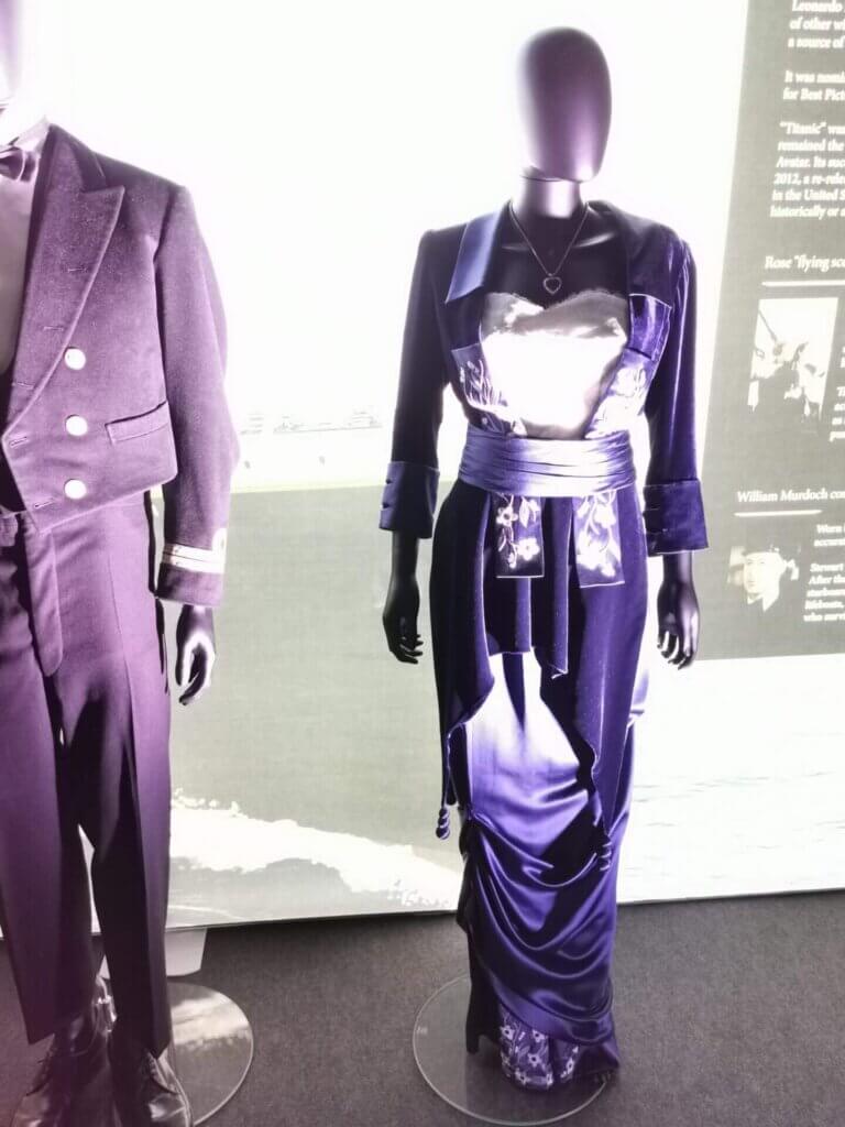 The famous royal-blue-purple dress that Kate Winslet wore during the "Flying" scene of the 1997 Titanic film.