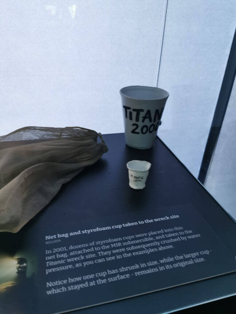 Exhibit of one of the Styrofoam cups that shrank to a quarter of its size due to the water pressure.