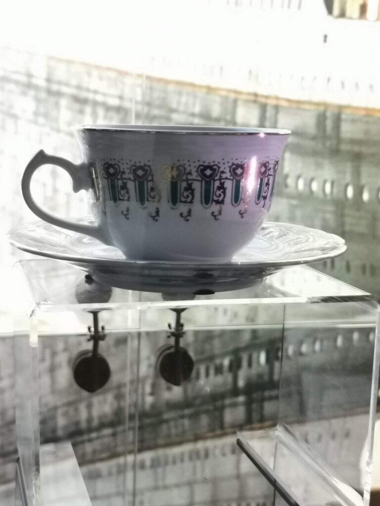 A close-up of the teacup that first class passengers would've used in the dining room.