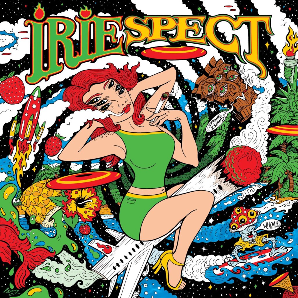 Official album artwork for IRIEspect's debut self-titled album which showcases a warped swirl with a cartoon drawing of a woman with red hair, wearing a green dress, also warped, creating a trippy visualisation.