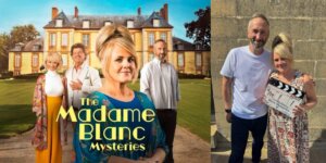 Collage of two photos, the left photo showing a landscape image of four main characters from The Madame Blanc Mysteries, standing on the drive of a huge manor house, and the right photo shows Sally Lindsay and Steve Edge posing in front of a film clapper board showing that series 4 is being filmed.