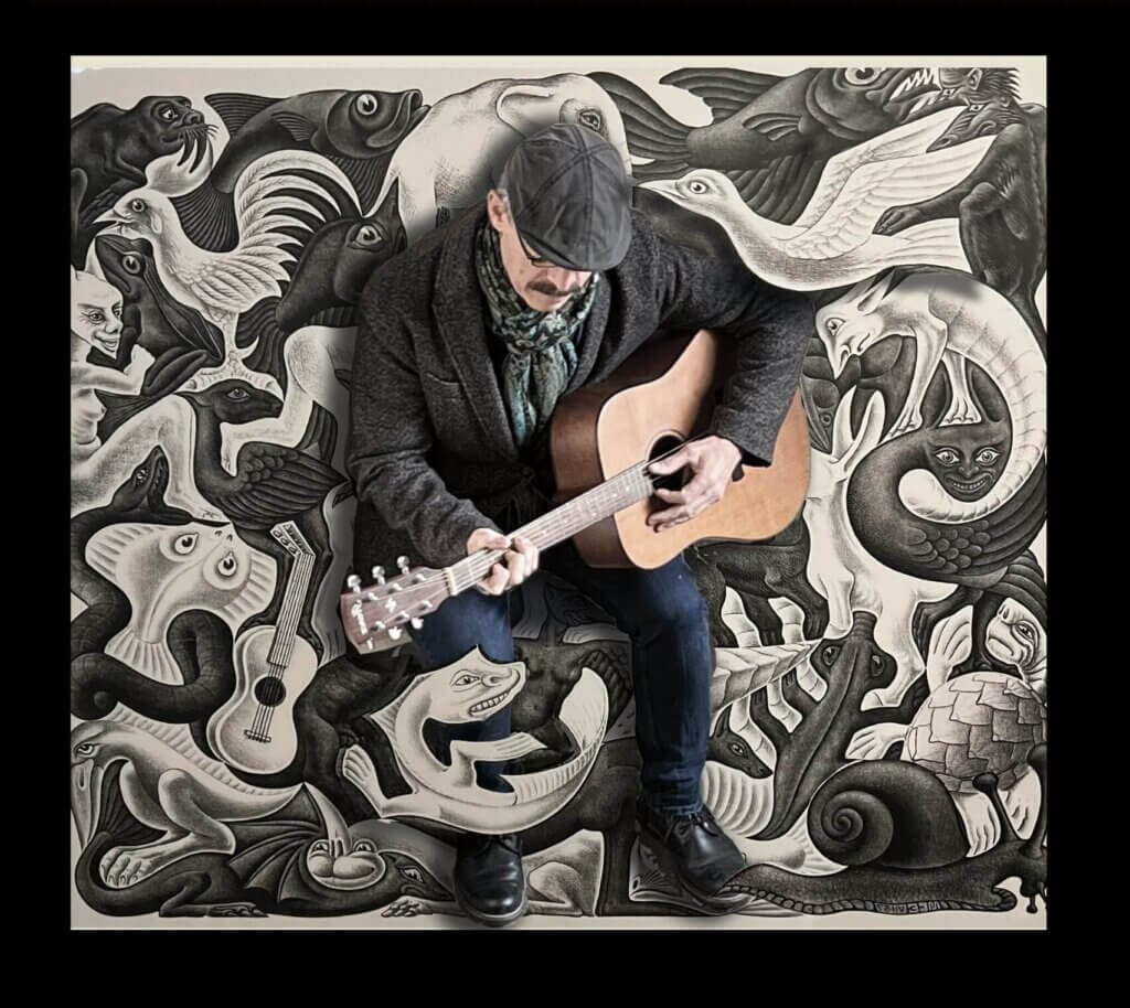 Inside cover of "This Way, That Way, The Other Way" album which sees Denim Dan playing a guitar, sitting on the floor which is a piece of artwork that is black and white and features a variety of creatures surrounding him,