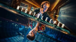 Official Nightsleeper image which sees Joe Cole on the train talking into an old big black phone, while Alexandra Roach is below in a different scene, upside down, talking to him. The photos are split diagonally.