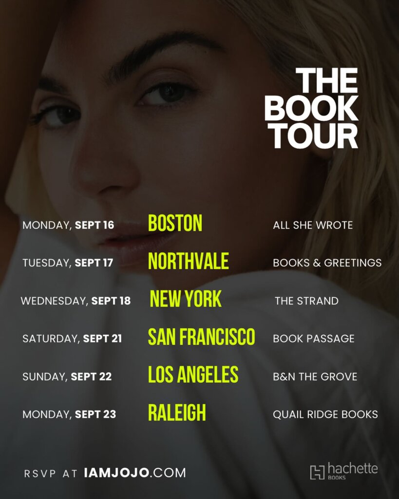 Official poster for Joanna "JoJo" Levesque's book tour for "Over the Influence - A Memoir", which has a list of dates, cities, and venues with a darkened image of the book cover as the background.