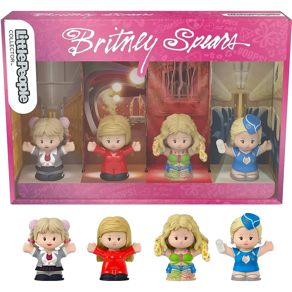 Official promotional image of the box and the figurines of Fisher-Price Britney Spears Little People.