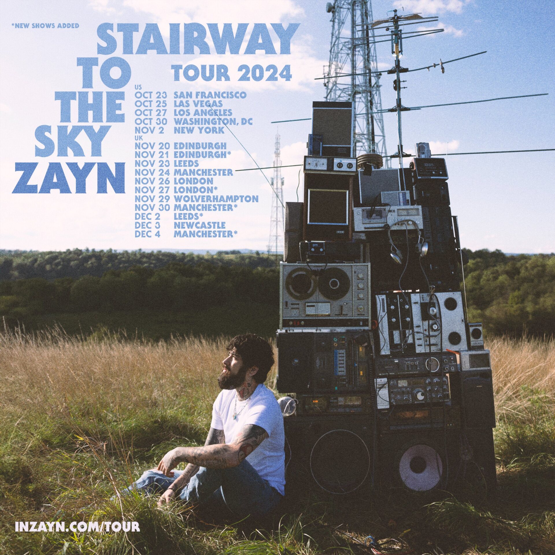 Official Stairway to the Sky Tour poster which shows ZAYN sitting in a field of grass leaning against a pile of speakers with antennas on top.