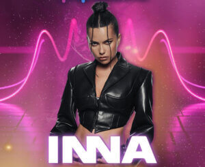 INNA on the concert show poster where she's wearing a cropped black jacket with her hair up in a bun. The poster has purple neon lights behind her.