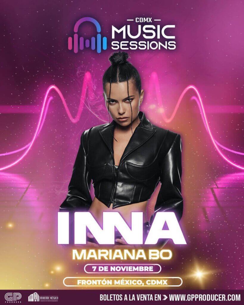 INNA on the concert show poster where she's wearing a cropped black jacket with her hair up in a bun. The poster has purple neon lights behind her.