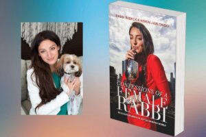 "Confessions of a Female Rabbi: Relevant Religion in an On-Demand World" book cover on the right which shows Rabbi Rebecca Keren Jablonski in a red dress drinking a glass a red wine through a straw with a picture of her and her dog on the left.