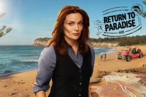 Promotional image for Return to Paradise which sees Anna Samson as detective Mackenzie Clarke in a waistcoat and a blue shirt, overlayed in front of a coastline with a beach that has a white chalk outline of a dead person.