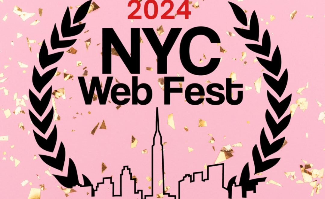 Official logo of the NYC Web Fest 2024 in black which sees a skyline drawing outline of New York City below the words "NYC Web Fest", shown on a pink background with gold glitter falling.