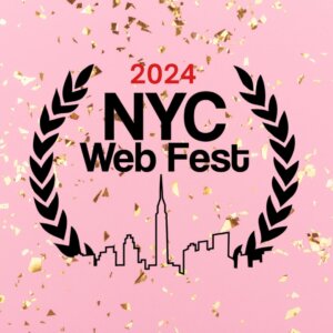 Official logo of the NYC Web Fest 2024 in black which sees a skyline drawing outline of New York City below the words "NYC Web Fest", shown on a pink background with gold glitter falling.