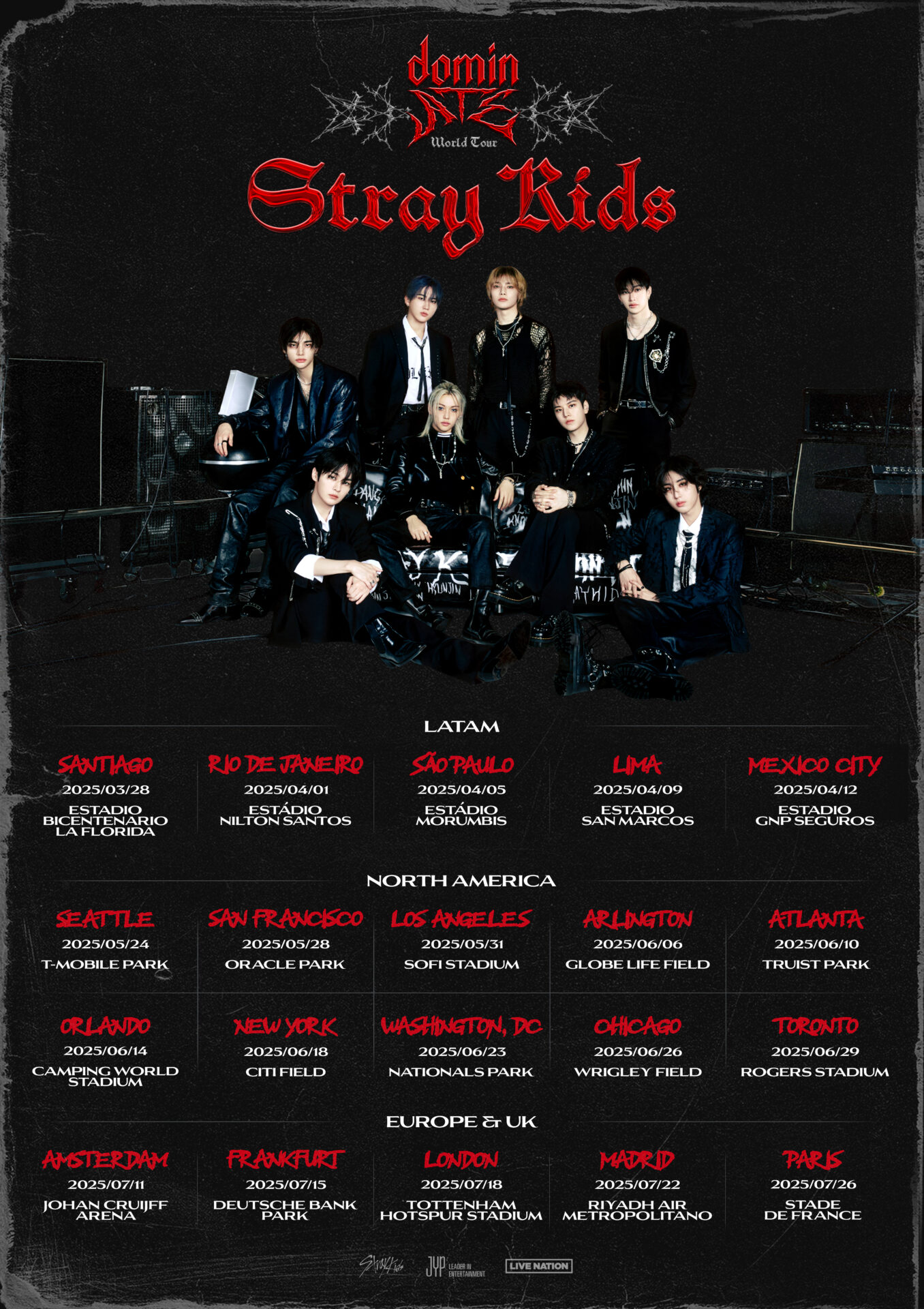 Official Stray Kids' World Tour poster, in black, which sees the group posing together at the top with the tour dates in red and white listed below,