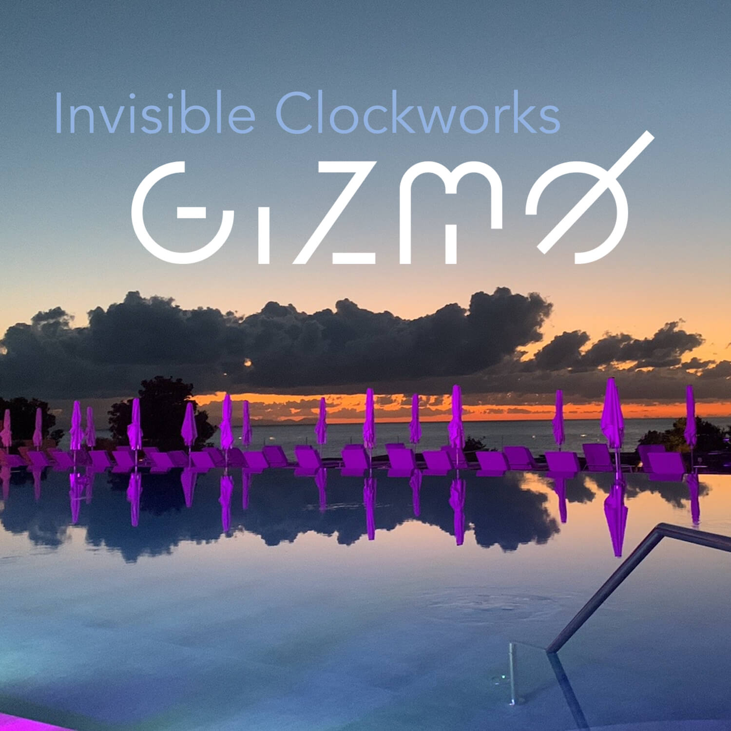 Official mini-album cover artwork for "Invisible Clockworks" which shows a swimming pool that overlooks an ocean with clouds and purple sunlounges.