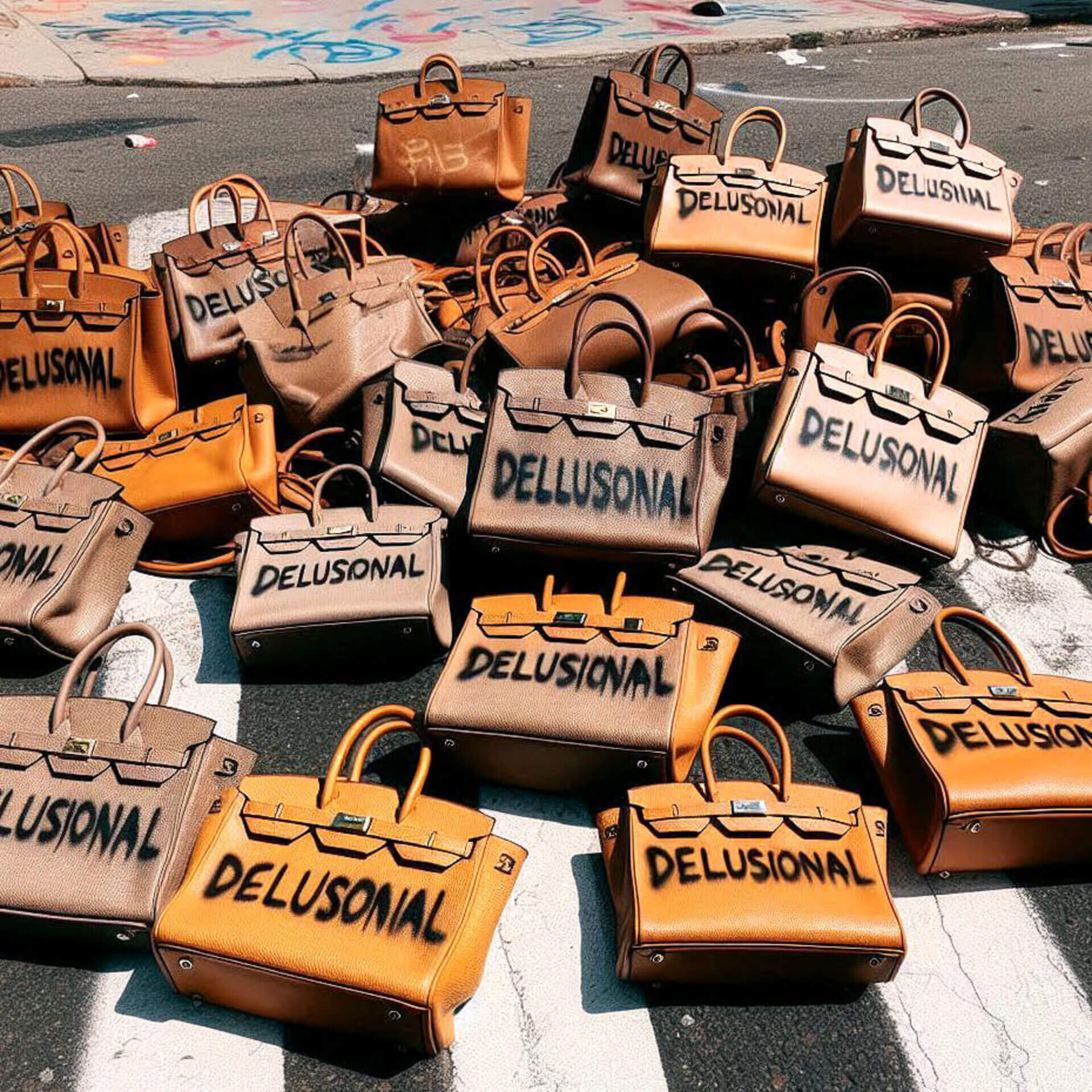 The single cover artwork for "DELUSIONAL" by Kesha, which sees a variety of beige bags on a pedestrian crossing with black spray paint on them that spell out the word "Delusional".