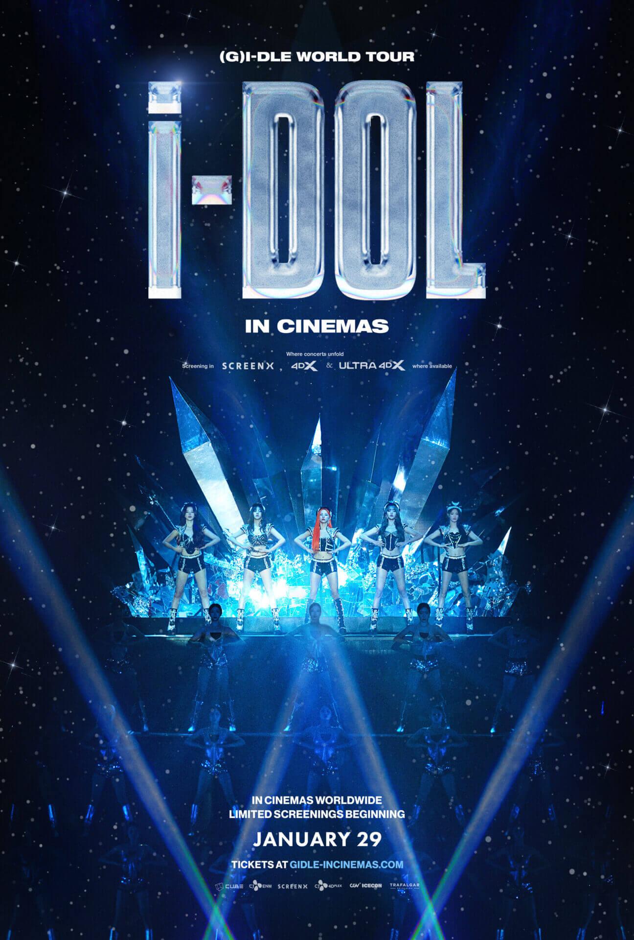 Tour poster for (G)I-DLE WORLD TOUR [iDOL] IN CINEMAS which is full of blue spotlights.